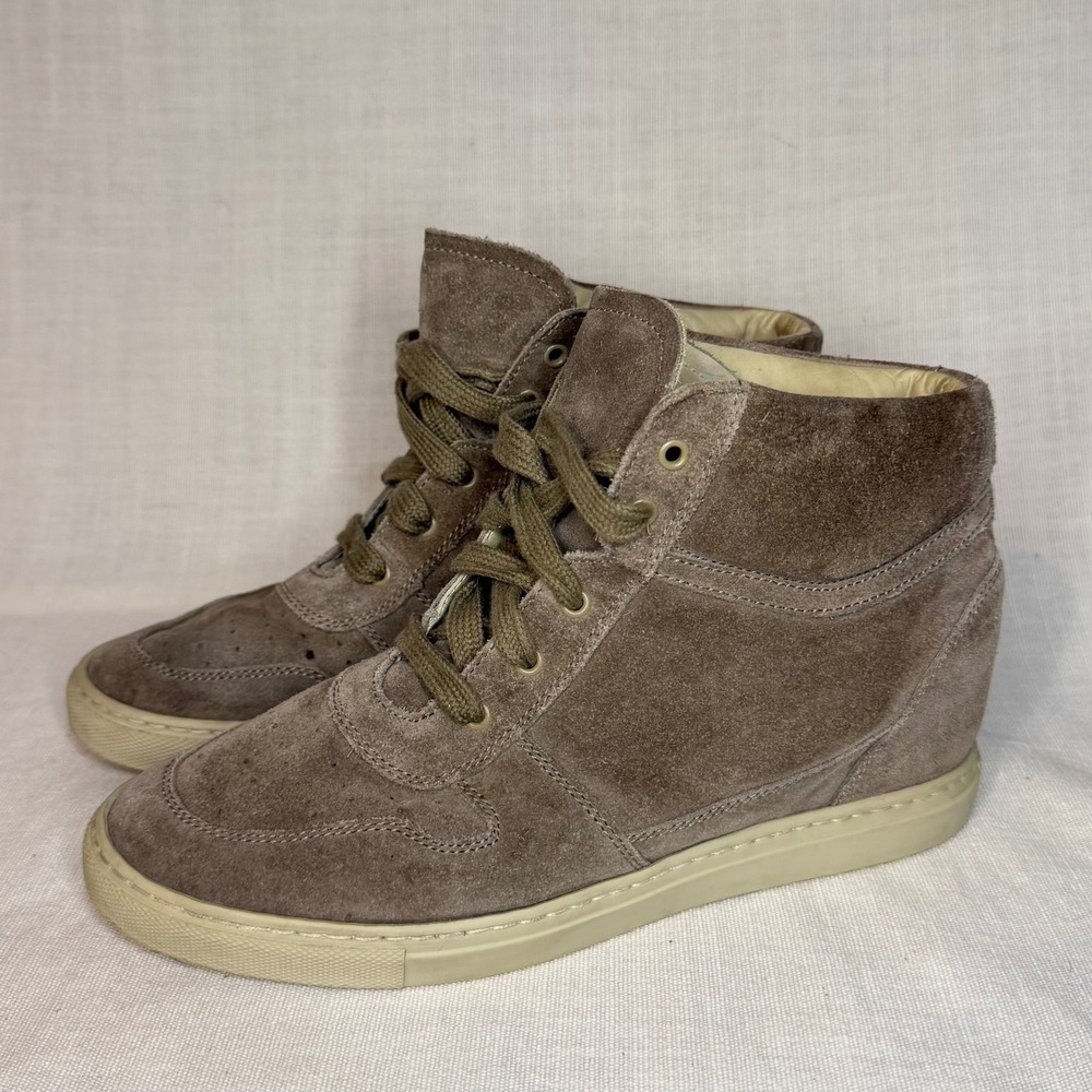 Woman by Common Projects Suede Wedge Sneakers High Top Taupe Brown Shoes